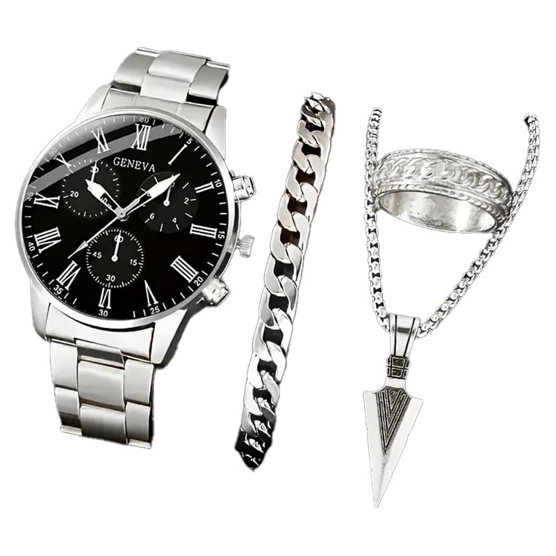 Cross-border popular watch set fake three-eye watch men's steel band glass quartz watch business high-end men's watch 6