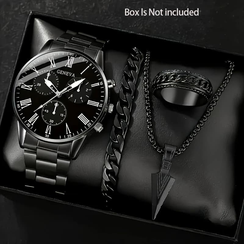 Cross-border popular watch set fake three-eye watch men's steel band glass quartz watch business high-end men's watch 9