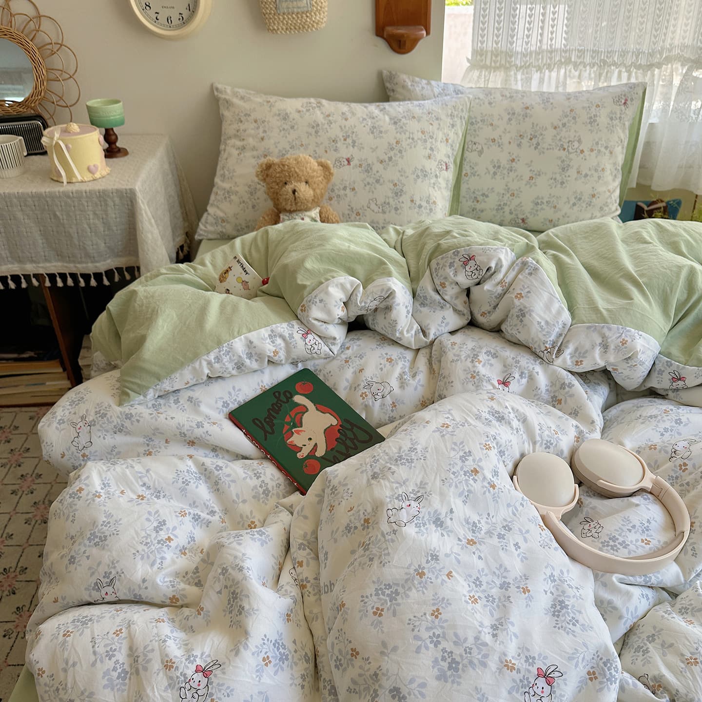 Category A maternal and infant grade pure washed cotton four-piece set ins small fresh bed sheet quilt cover student dormitory three-piece fitted sheet set 7