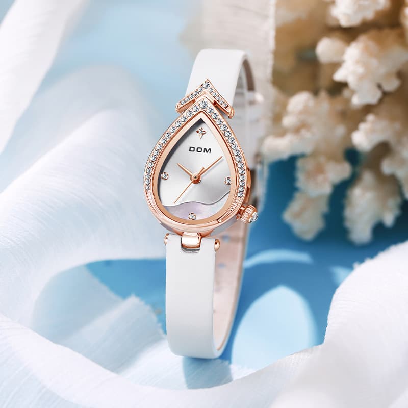 DOM light luxury watch fashion diamond women's watch water drop shape high-end niche quartz watch waterproof temperament women's watch 2