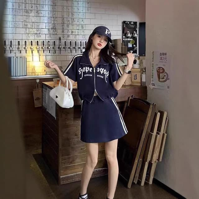 Summer Korean style slimming zipper stand-up collar top and half skirt two-piece fashion casual sports style suit for women 5