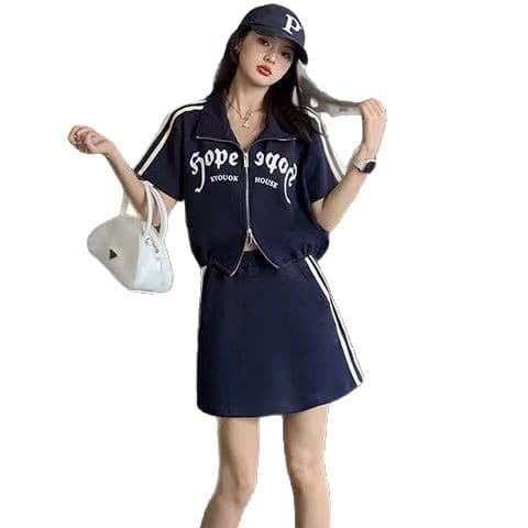 Summer Korean style slimming zipper stand-up collar top and half skirt two-piece fashion casual sports style suit for women 6