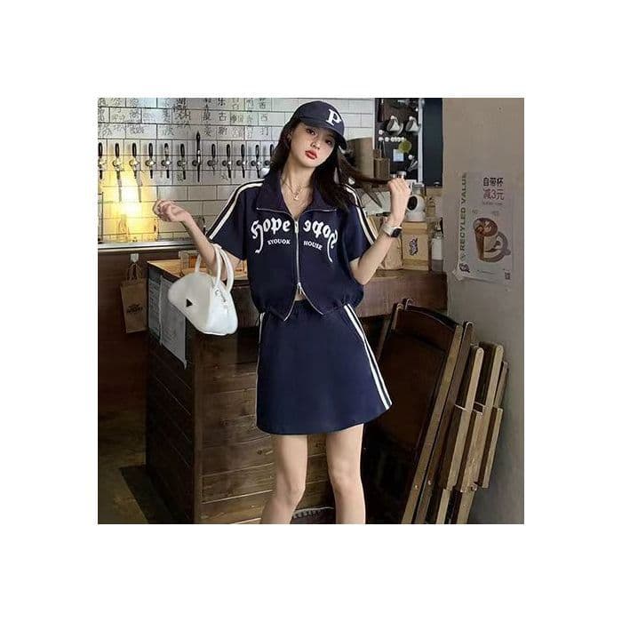Summer Korean style slimming zipper stand-up collar top and half skirt two-piece fashion casual sports style suit for women 7
