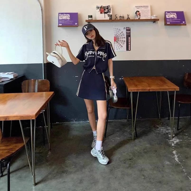 Summer Korean style slimming zipper stand-up collar top and half skirt two-piece fashion casual sports style suit for women 1