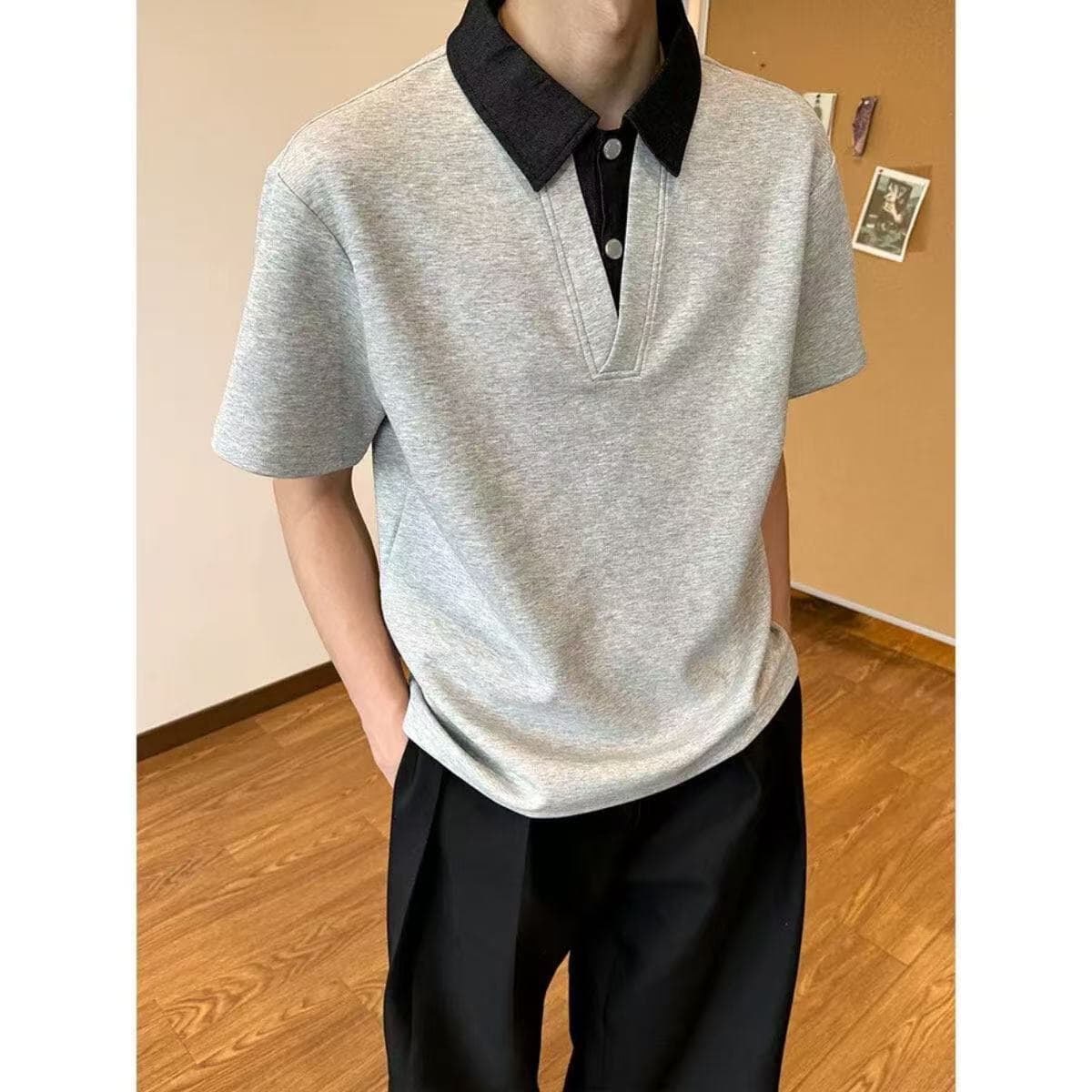 Fake two-piece polo collar short-sleeved men's high-end handsome lapel shirt T-shirt summer cleanfit right shoulder half sleeve 2