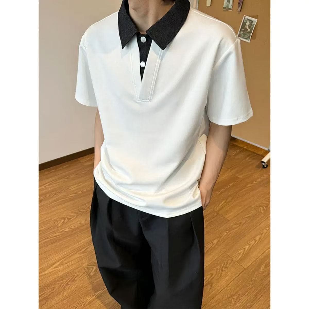 Fake two-piece polo collar short-sleeved men's high-end handsome lapel shirt T-shirt summer cleanfit right shoulder half sleeve 3