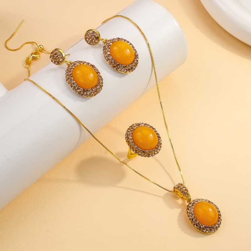 Beeswax jade inlaid zircon earrings necklace ring three-piece set women's retro light luxury jewelry ring wholesale 2