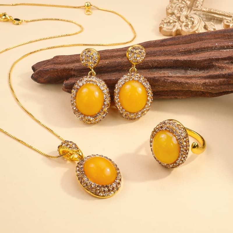 Beeswax jade inlaid zircon earrings necklace ring three-piece set women's retro light luxury jewelry ring wholesale 3