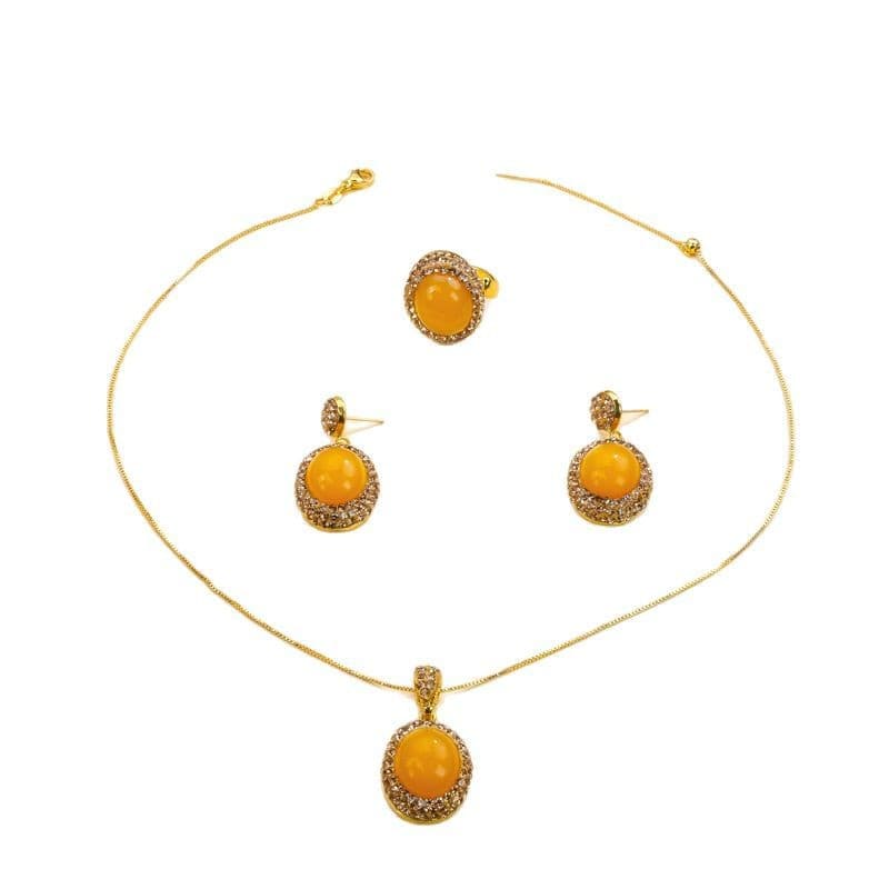 Beeswax jade inlaid zircon earrings necklace ring three-piece set women's retro light luxury jewelry ring wholesale 6