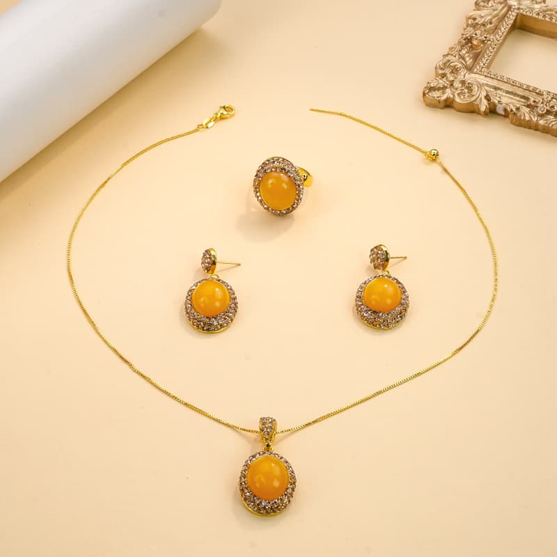 Beeswax jade inlaid zircon earrings necklace ring three-piece set women's retro light luxury jewelry ring wholesale 8