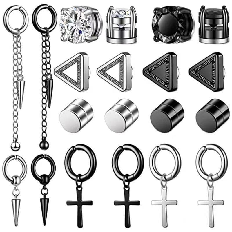 Amazon Cross-border Magnet Diamond Zircon Round Square Electroplated Ear Clip Non-Perforated Magnet Men's Ear Jewelry Set 1