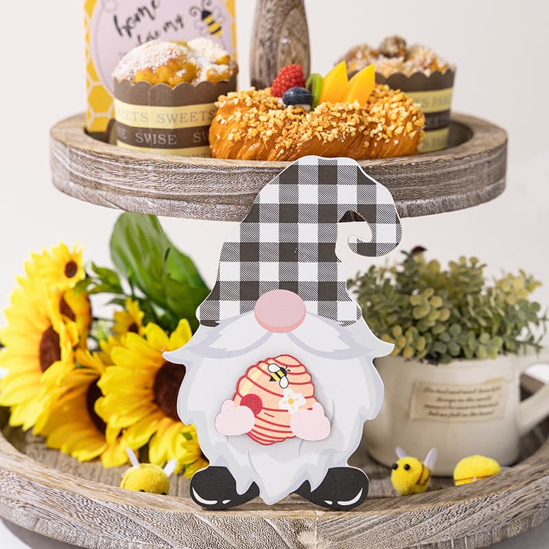 15-Piece Interchangeable Wooden Gnome Decoration DIY Holiday Seasonal Face Gnome Ornaments Tiered Tray Gnomes 3