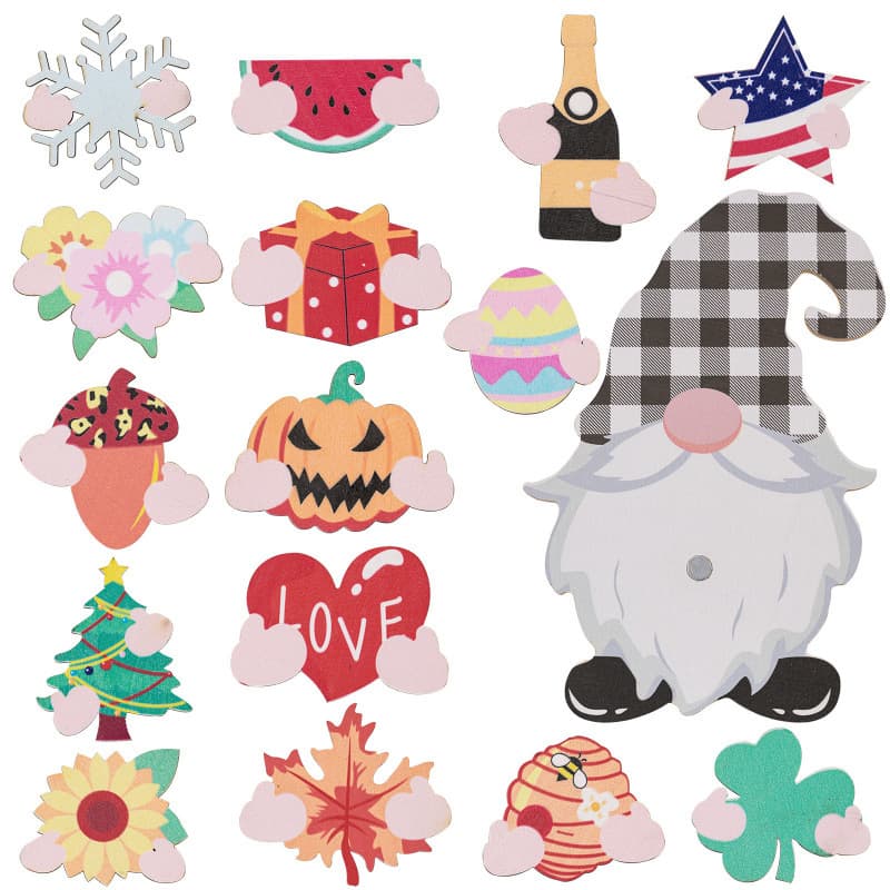 15-Piece Interchangeable Wooden Gnome Decoration DIY Holiday Seasonal Face Gnome Ornaments Tiered Tray Gnomes 1