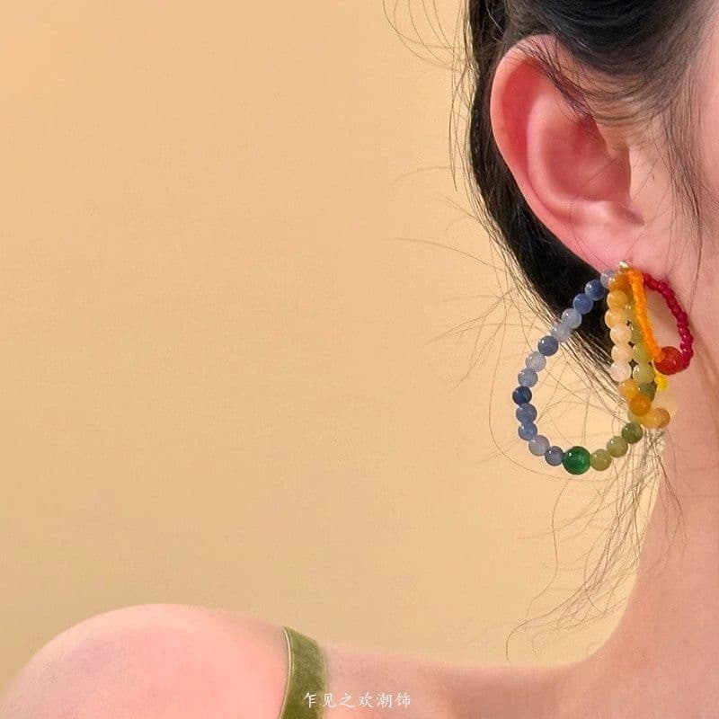 Deconstructing the Rainbow ~ Dopamine Color Crystal Beaded Earrings Feminine Contrast Color Resort Style Earrings Ear Clip Accessories 3
