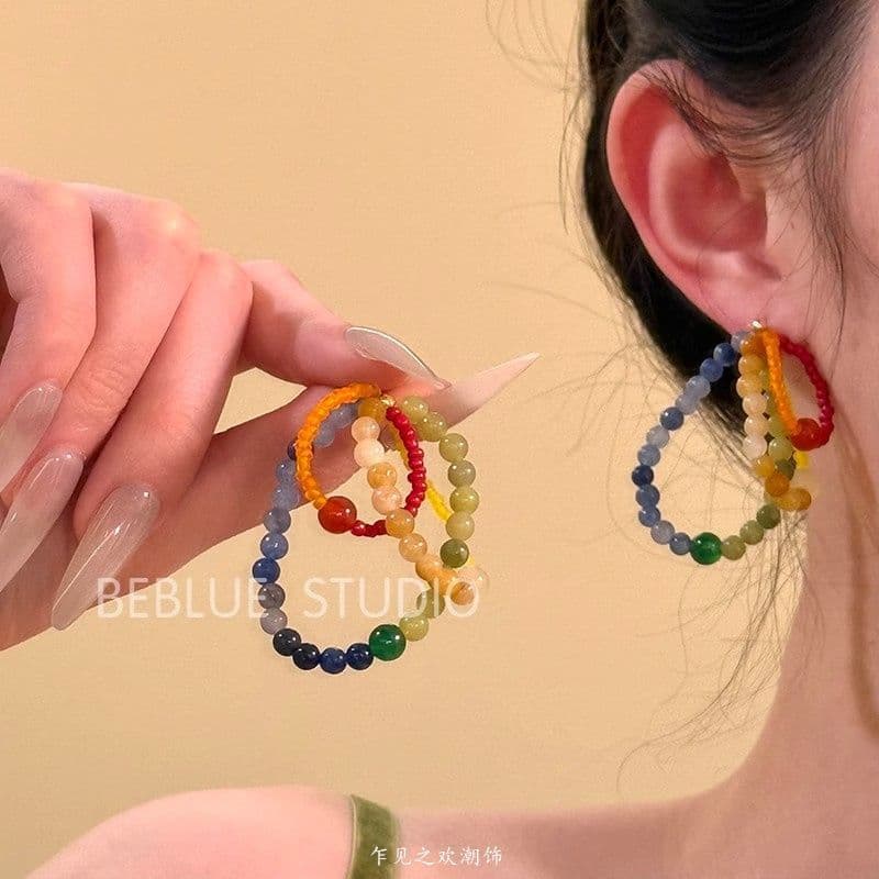 Deconstructing the Rainbow ~ Dopamine Color Crystal Beaded Earrings Feminine Contrast Color Resort Style Earrings Ear Clip Accessories 1