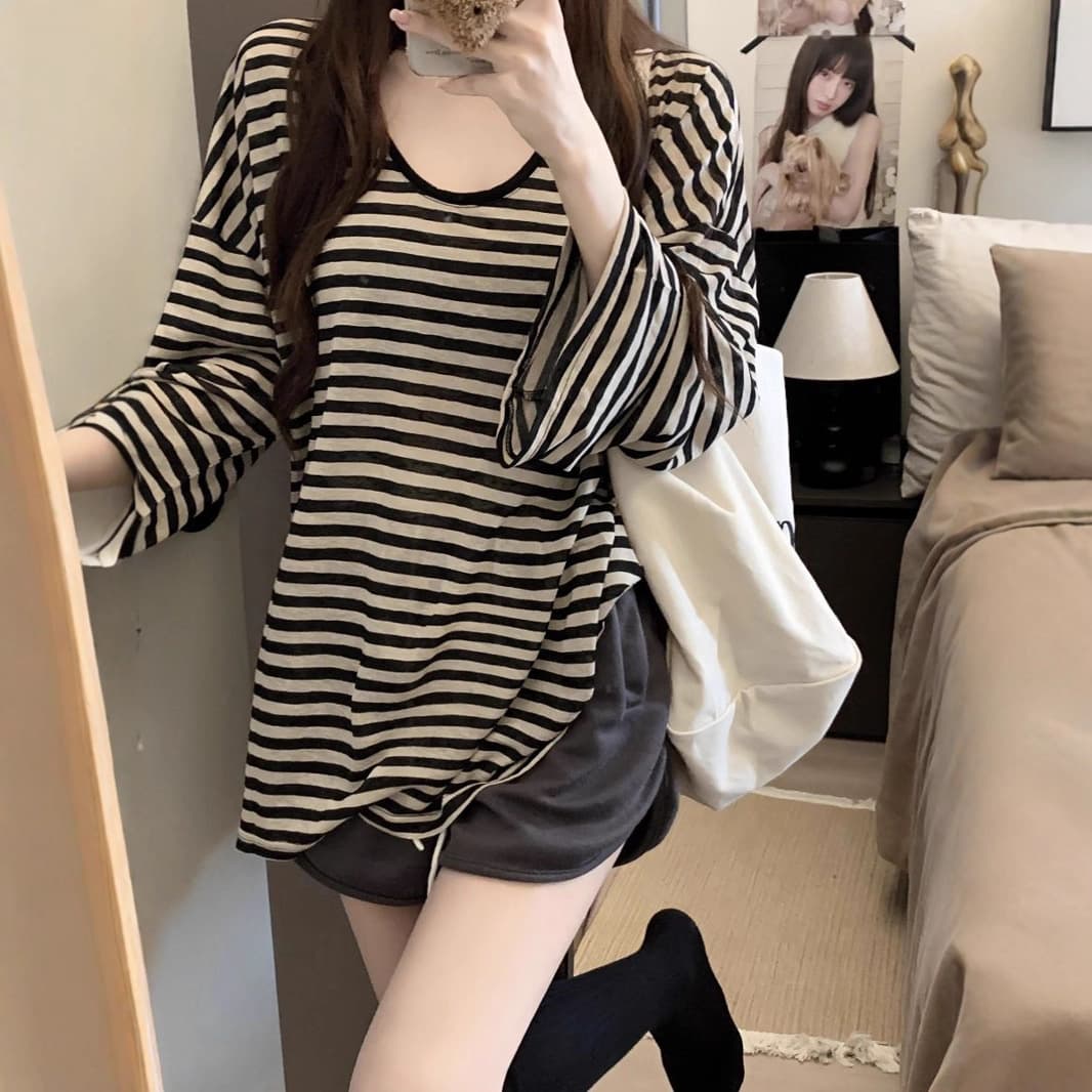 Lazy Style Striped Round Neck Sun Protection Long Sleeve T-Shirt Women's Summer Thin Oversize Loose Slim Blouse Top 2