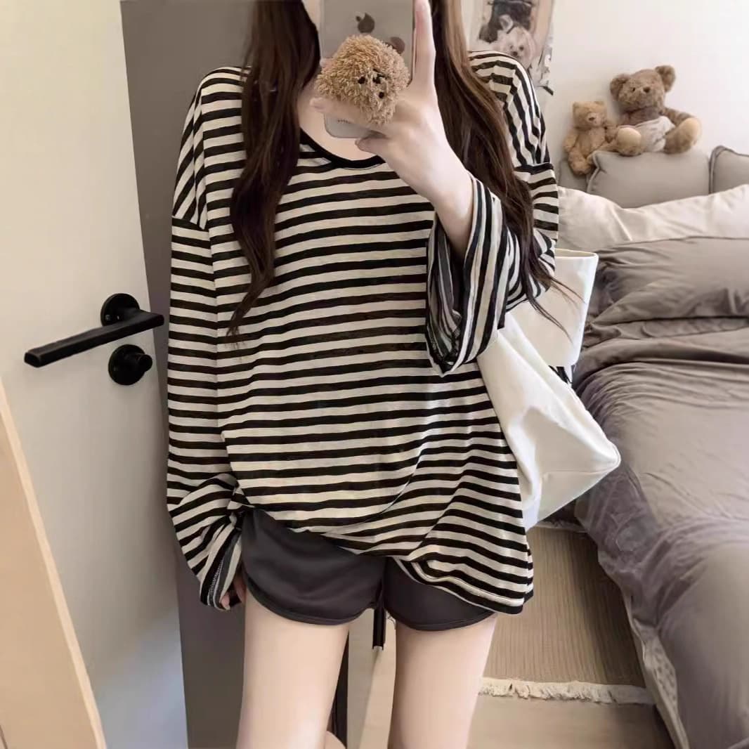 Lazy Style Striped Round Neck Sun Protection Long Sleeve T-Shirt Women's Summer Thin Oversize Loose Slim Blouse Top 3