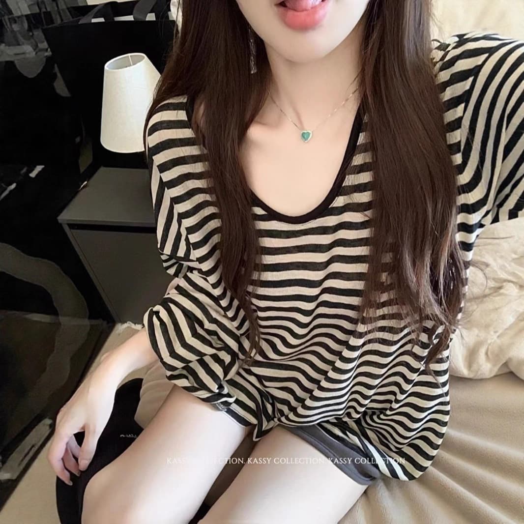 Lazy Style Striped Round Neck Sun Protection Long Sleeve T-Shirt Women's Summer Thin Oversize Loose Slim Blouse Top 4