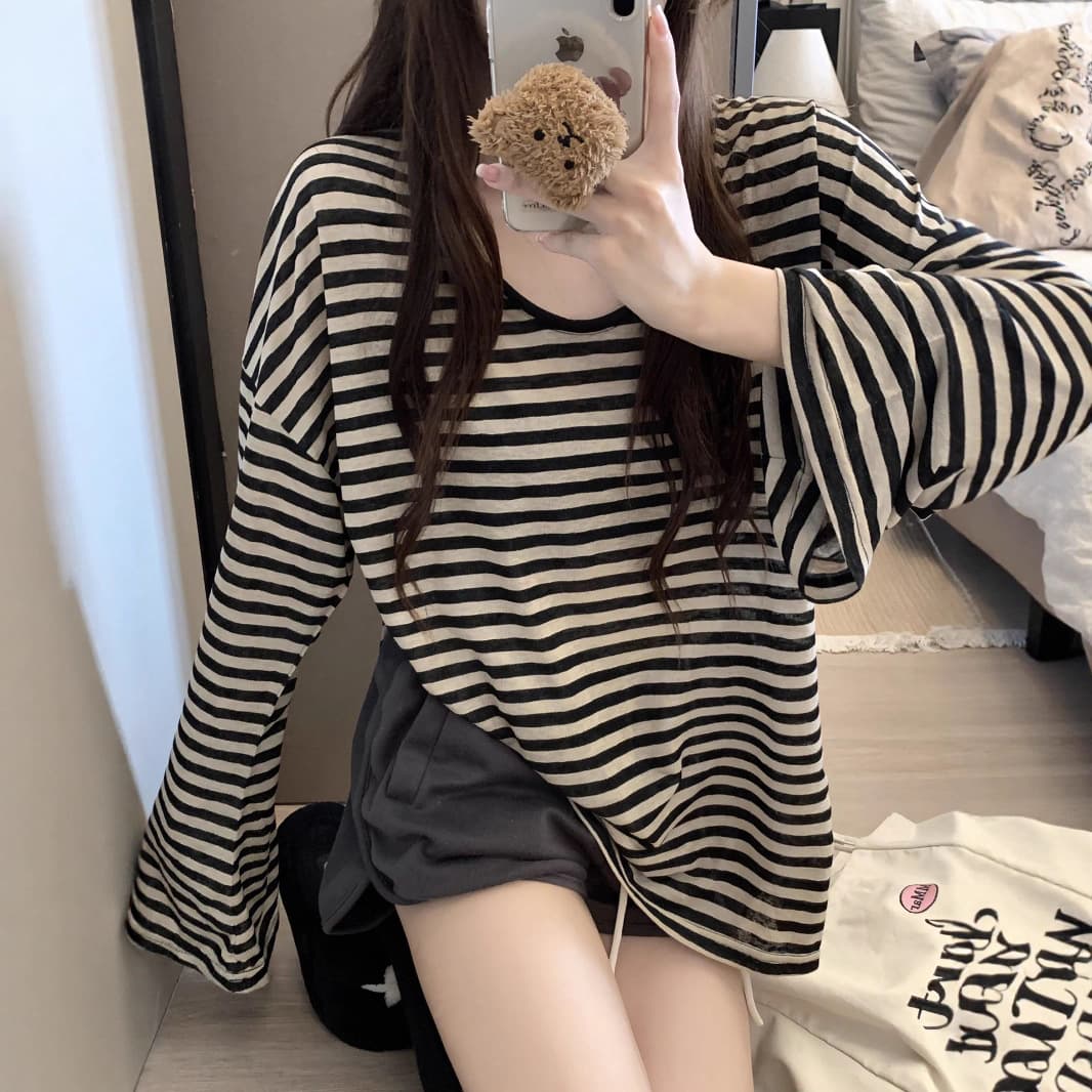 Lazy Style Striped Round Neck Sun Protection Long Sleeve T-Shirt Women's Summer Thin Oversize Loose Slim Blouse Top 5