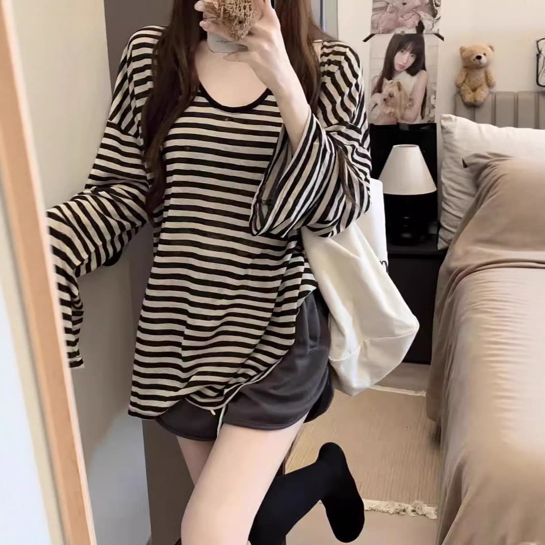 Lazy Style Striped Round Neck Sun Protection Long Sleeve T-Shirt Women's Summer Thin Oversize Loose Slim Blouse Top 6