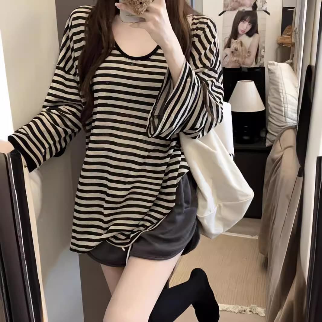 Lazy Style Striped Round Neck Sun Protection Long Sleeve T-Shirt Women's Summer Thin Oversize Loose Slim Blouse Top 7