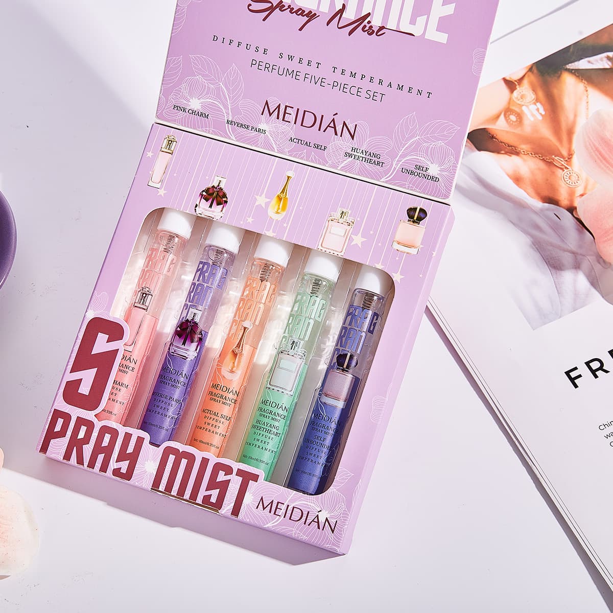 Cross-border popular brand-name perfume set for body and hair, alcohol-free fragrance spray, travel size 7