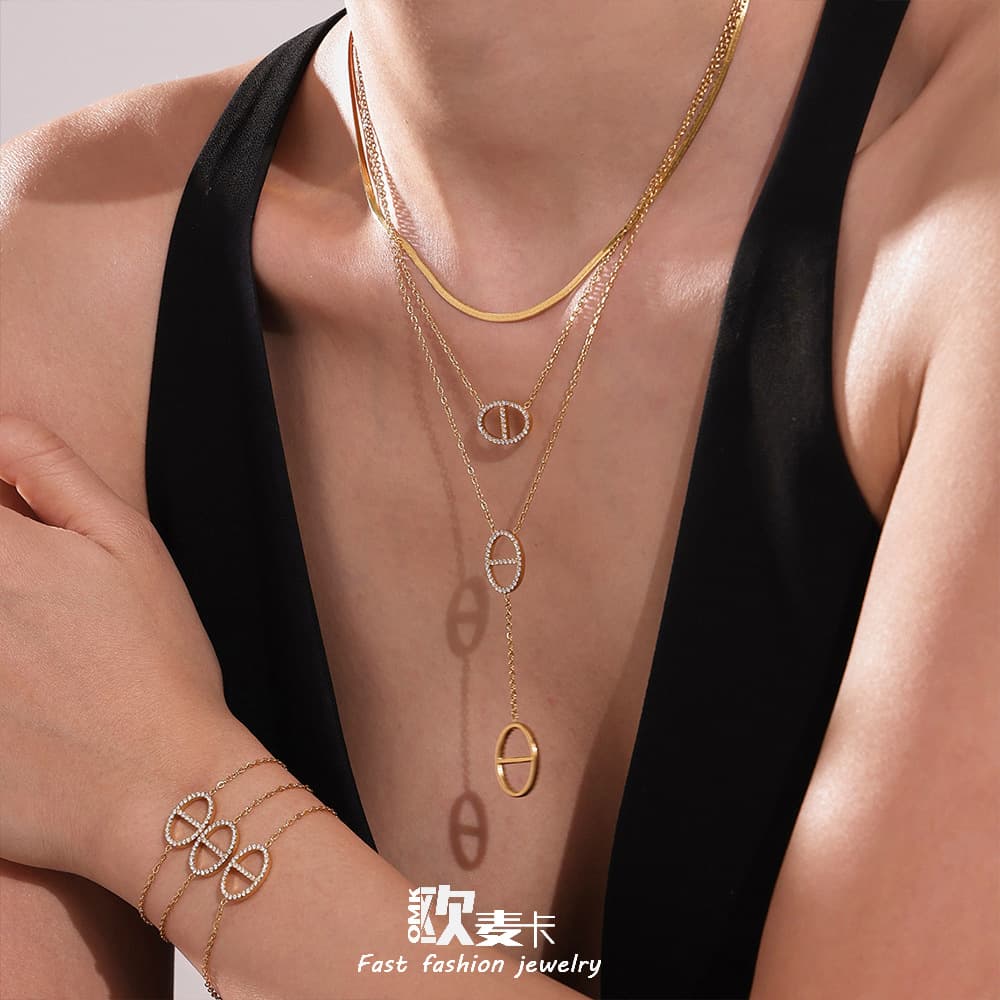 Omac High Version Japanese Zircon Pig Nose Tassel Necklace Earrings Ring Light Luxurious Temperament Jewelry Set 1