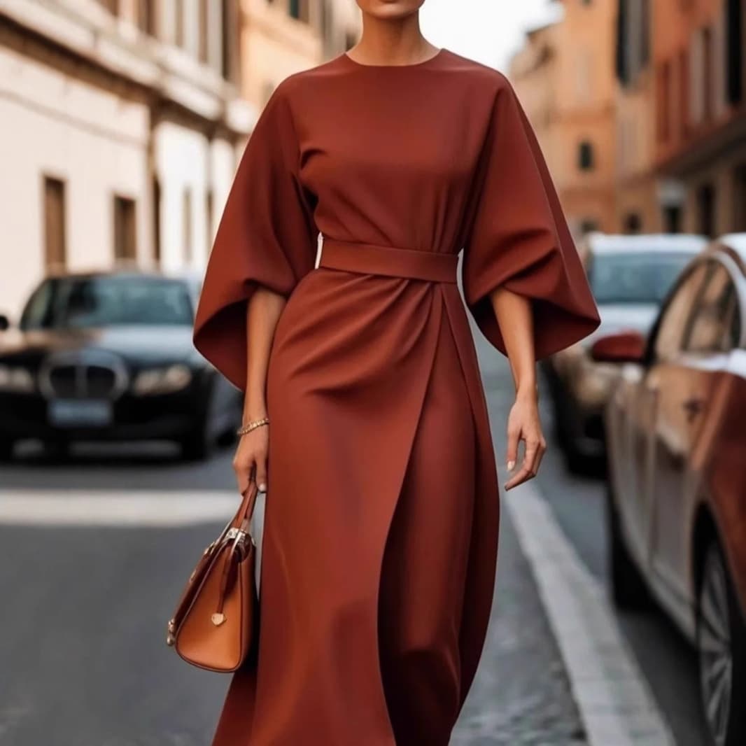 2026 foreign trade women's clothing European and American cross-border fashion temperament elegant solid color waist dress casual bat sleeve long skirt 2