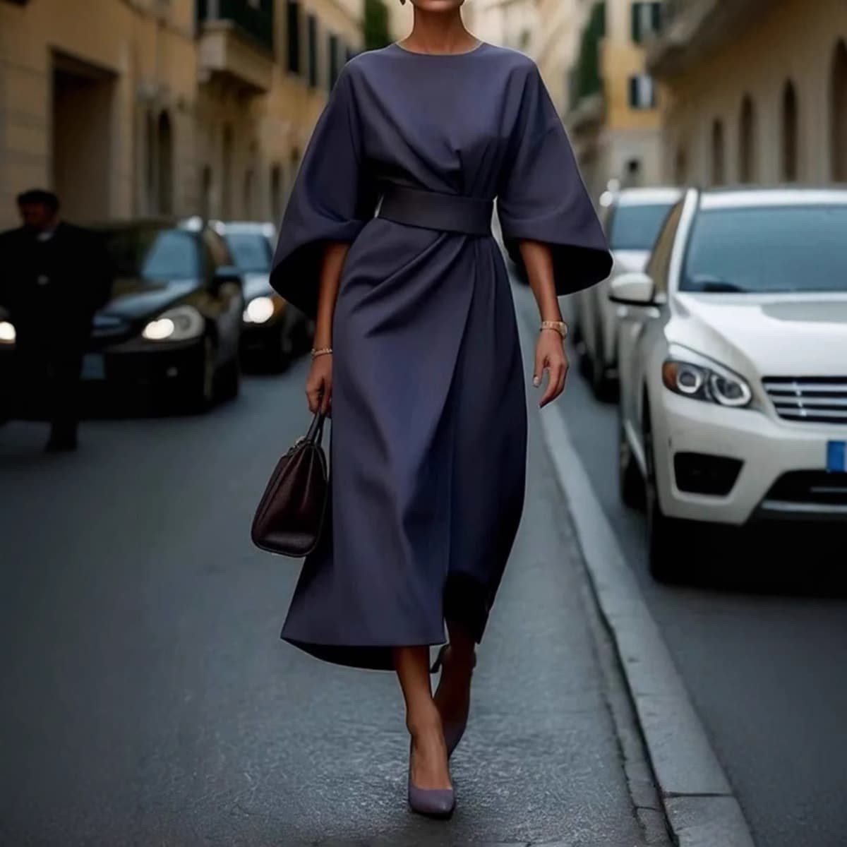 2026 foreign trade women's clothing European and American cross-border fashion temperament elegant solid color waist dress casual bat sleeve long skirt 3