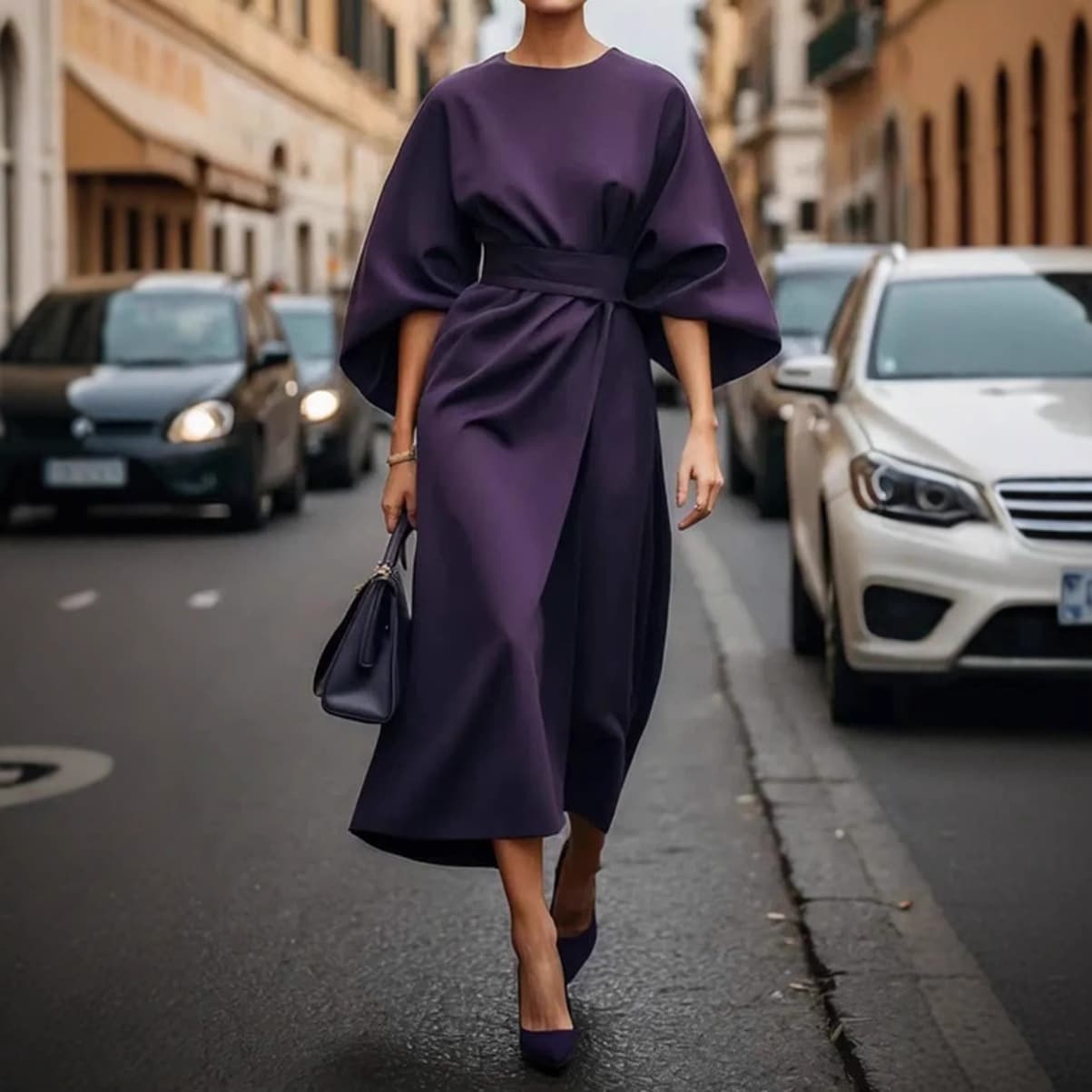 2026 foreign trade women's clothing European and American cross-border fashion temperament elegant solid color waist dress casual bat sleeve long skirt 4
