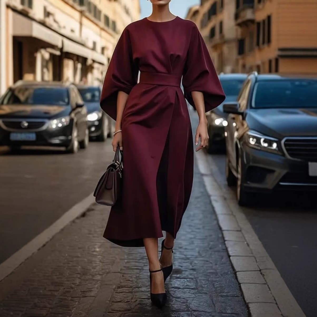 2026 foreign trade women's clothing European and American cross-border fashion temperament elegant solid color waist dress casual bat sleeve long skirt 5