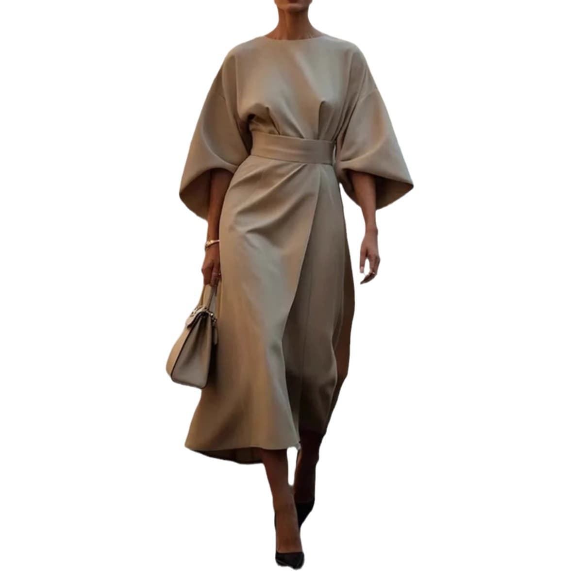 2026 foreign trade women's clothing European and American cross-border fashion temperament elegant solid color waist dress casual bat sleeve long skirt 6
