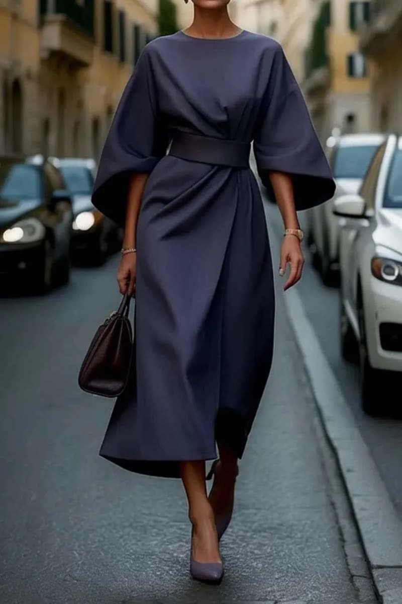 2026 foreign trade women's clothing European and American cross-border fashion temperament elegant solid color waist dress casual bat sleeve long skirt 8