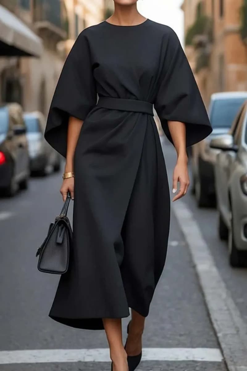 2026 foreign trade women's clothing European and American cross-border fashion temperament elegant solid color waist dress casual bat sleeve long skirt 10