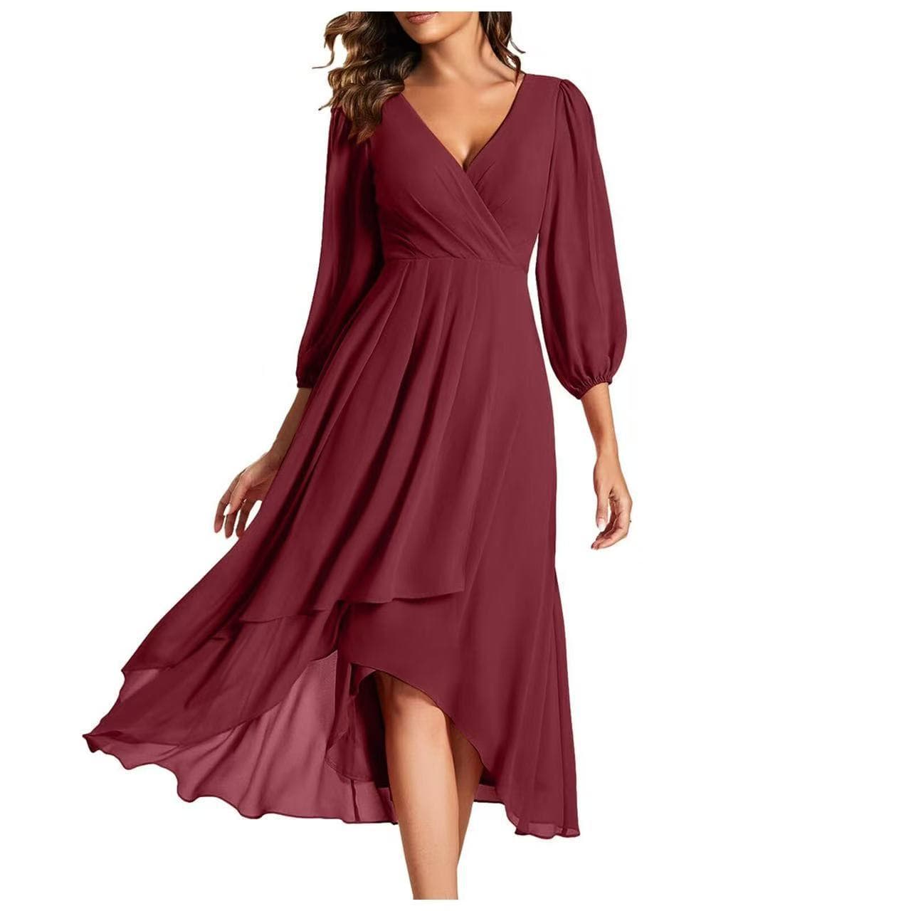 2025 Amazon cross-border women's v-neck solid color nine-quarter sleeve dress waist slim bridesmaid elegant dress 6