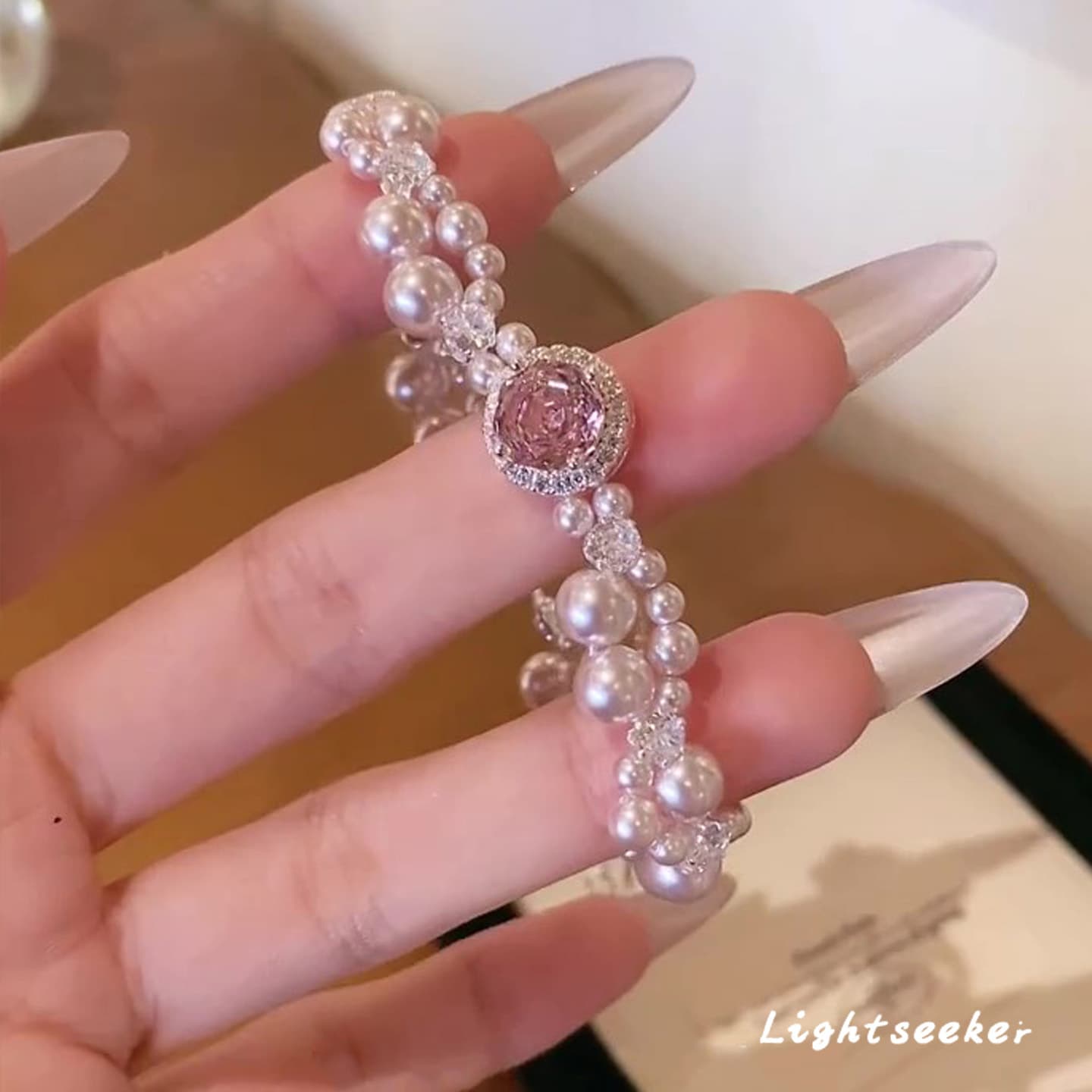French style sparkling pink rose diamond pearl bracelet for women, sweet, fashionable, exquisite and high-value hand jewelry 3
