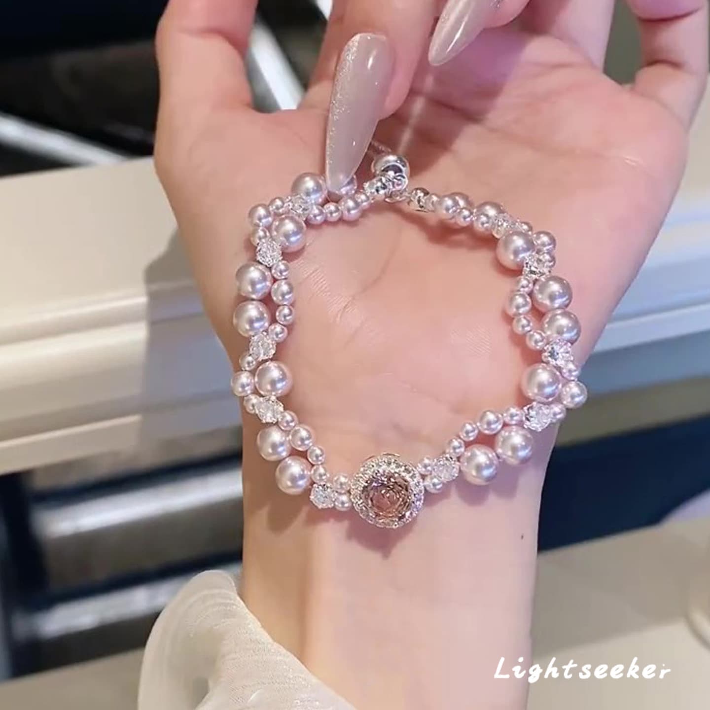 French style sparkling pink rose diamond pearl bracelet for women, sweet, fashionable, exquisite and high-value hand jewelry 5