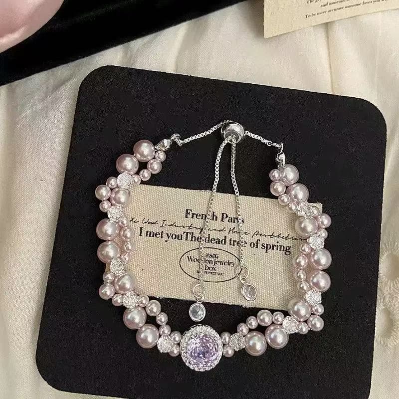 French style sparkling pink rose diamond pearl bracelet for women, sweet, fashionable, exquisite and high-value hand jewelry 9