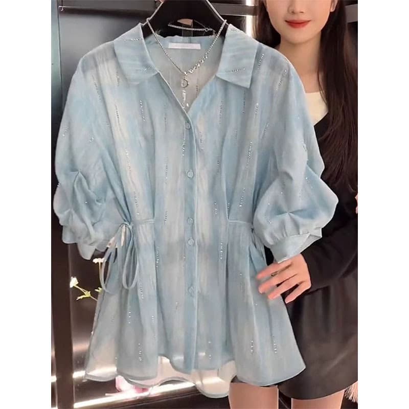 French V-neck tie-dye waisted five-quarter sleeve shirt for women summer new style fashionable temperament slim and chic shirt 2