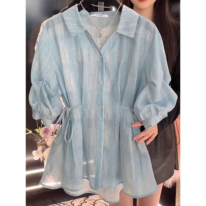 French V-neck tie-dye waisted five-quarter sleeve shirt for women summer new style fashionable temperament slim and chic shirt 3