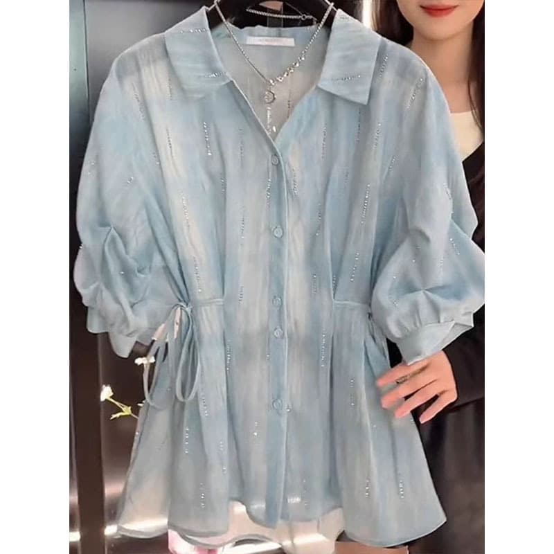 French V-neck tie-dye waisted five-quarter sleeve shirt for women summer new style fashionable temperament slim and chic shirt 4