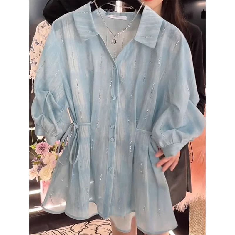 French V-neck tie-dye waisted five-quarter sleeve shirt for women summer new style fashionable temperament slim and chic shirt 5