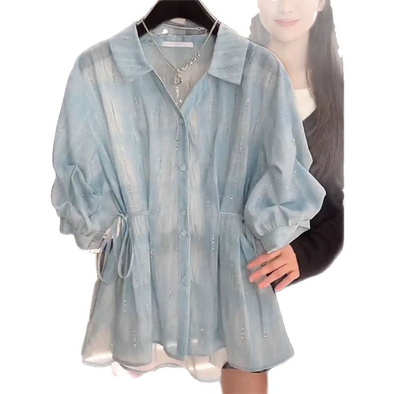 French V-neck tie-dye waisted five-quarter sleeve shirt for women summer new style fashionable temperament slim and chic shirt 6
