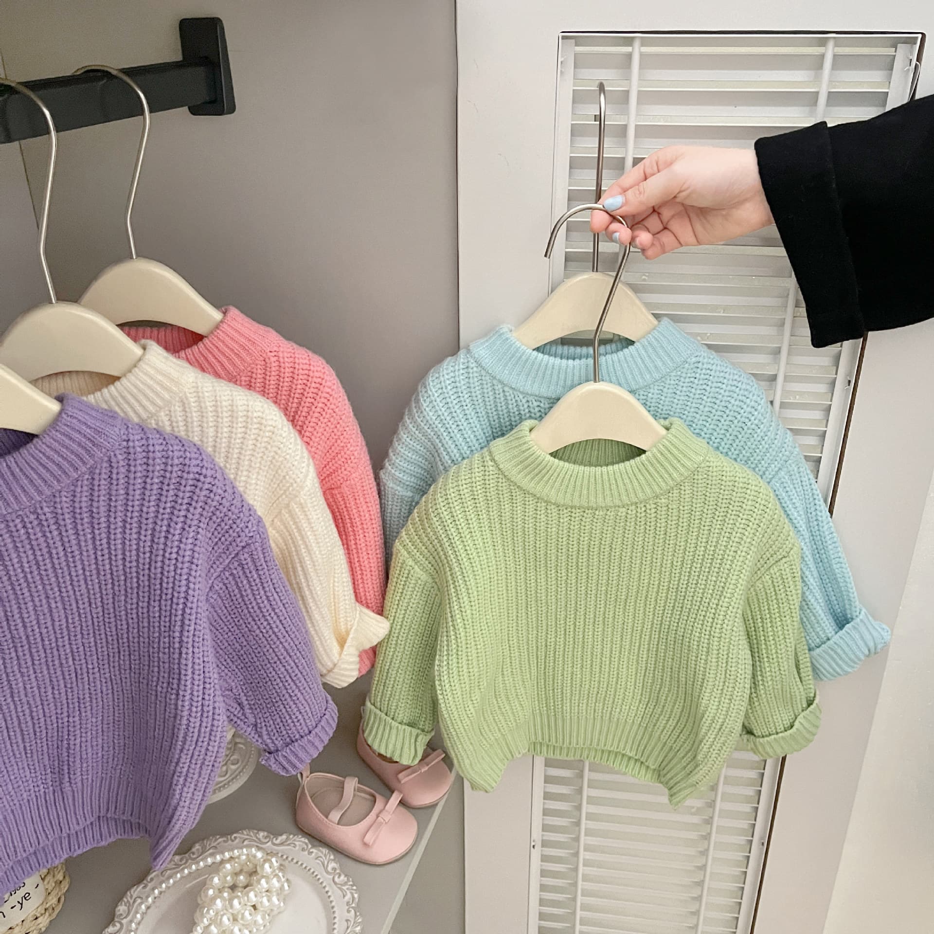 Korean style baby clothes for autumn and winter boys round neck knitted tops versatile baby girl candy color pullover sweater trendy style