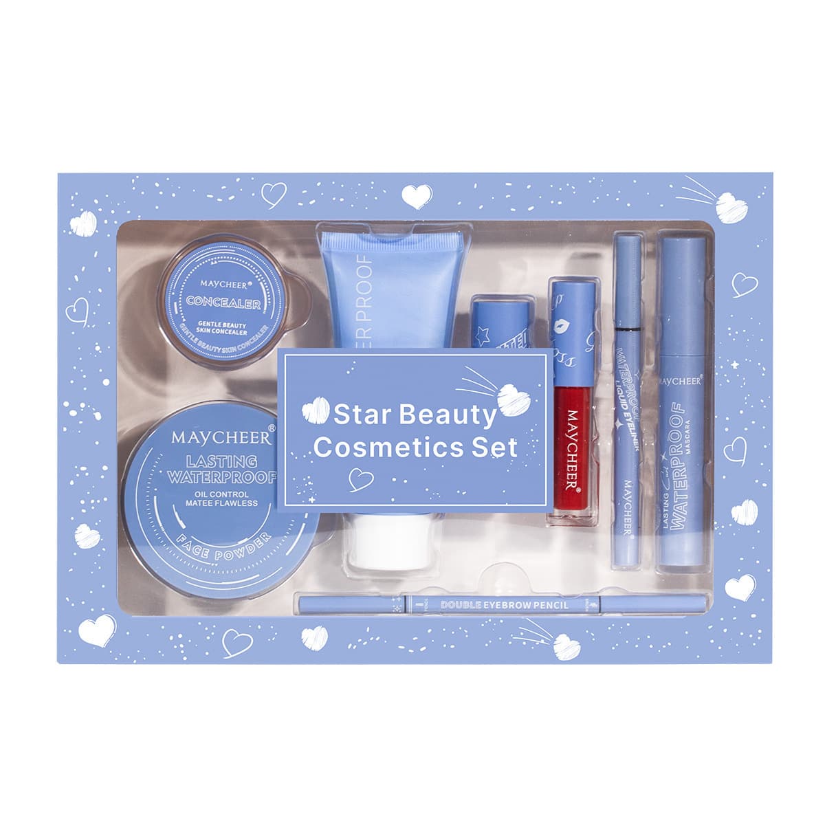 Cross-border hot-selling MAYCHEER heart-to-heart beauty set lipstick, lip glaze, eyeliner, eyebrow pencil, foundation and powder cake set 7