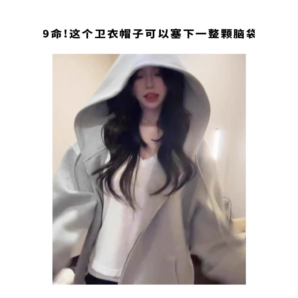 Big hat sweatshirt jacket for women 2026 spring and autumn new heavyweight American loose huge good-looking cotton hooded cardigan 5