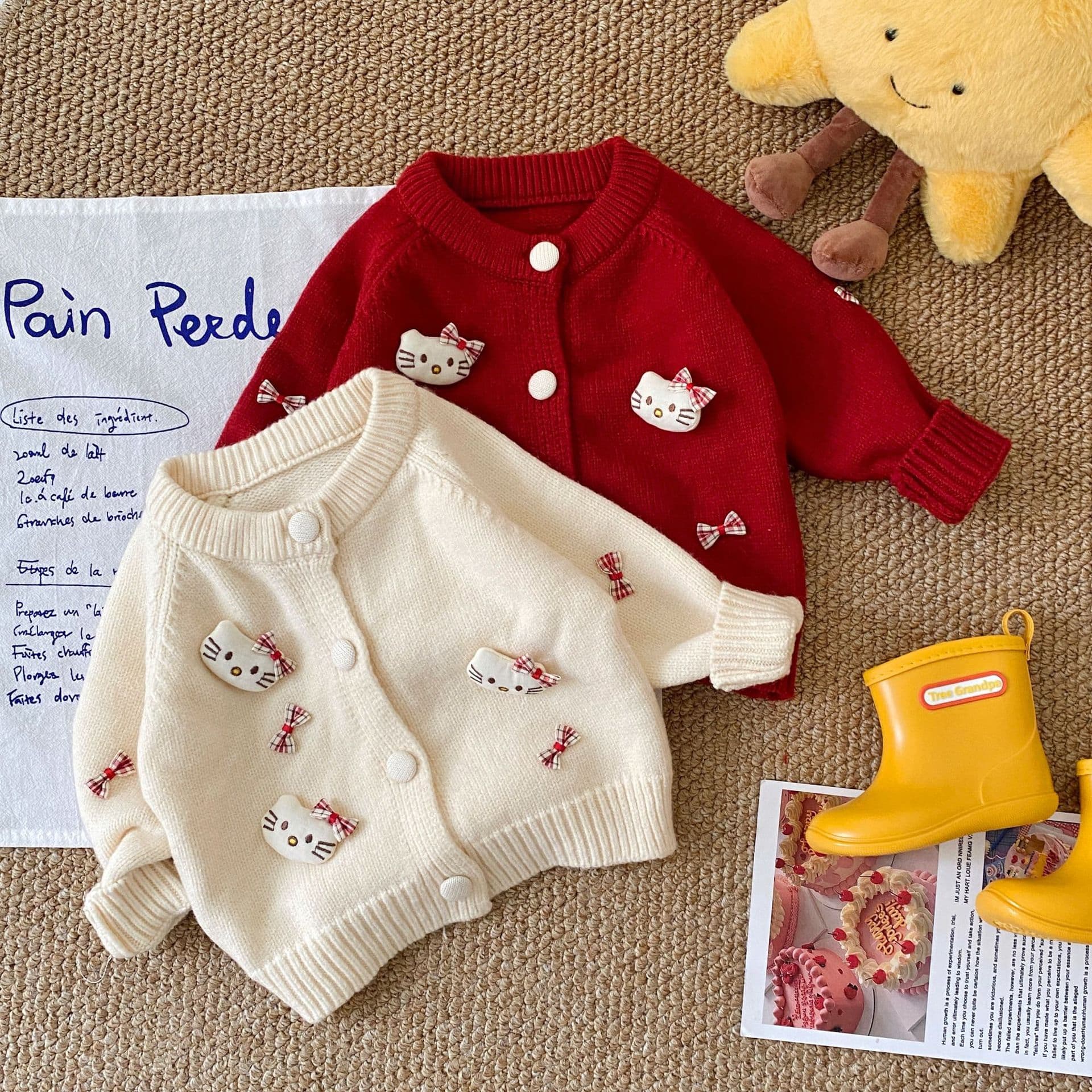 2025 Baby Girls Children's Clothing Cute Knitted Sweater Cartoon Cat Fashionable Single Breasted Autumn and Winter Cardigan Jacket 3