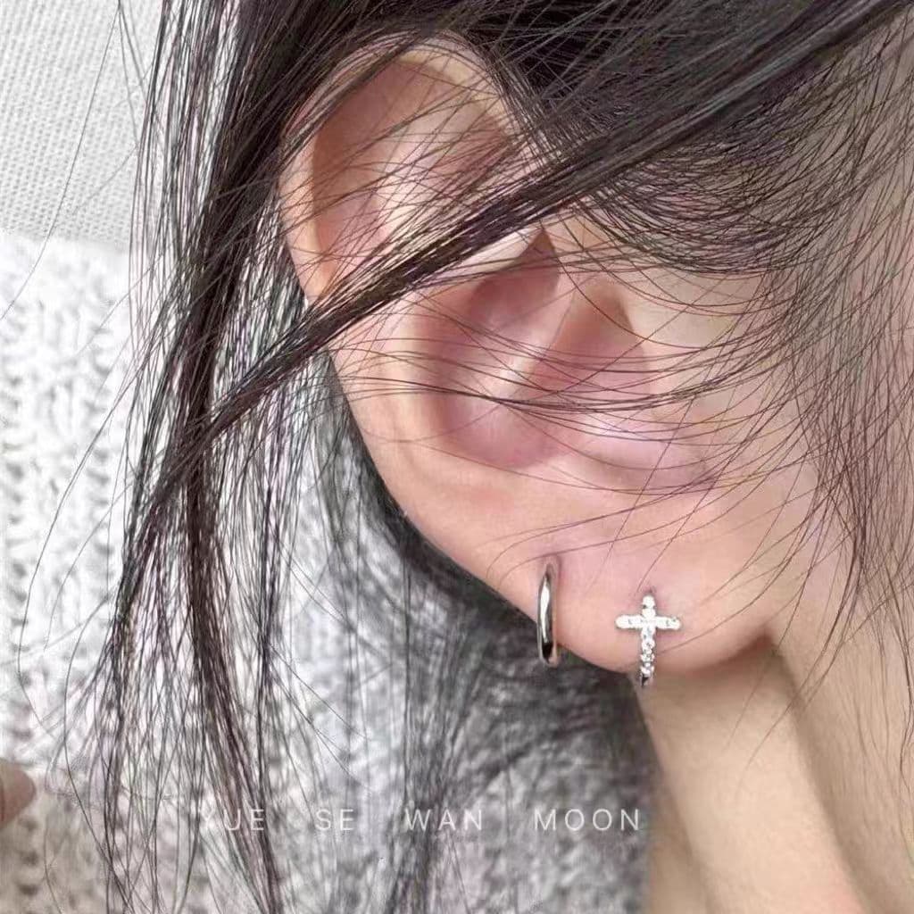 Cross super shiny diamond double ear pierced plain hoop stacked combination ear hoop classic versatile ear buckle everyday simple earrings 3