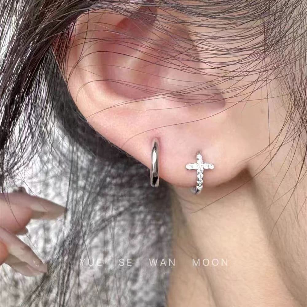 Cross super shiny diamond double ear pierced plain hoop stacked combination ear hoop classic versatile ear buckle everyday simple earrings 1
