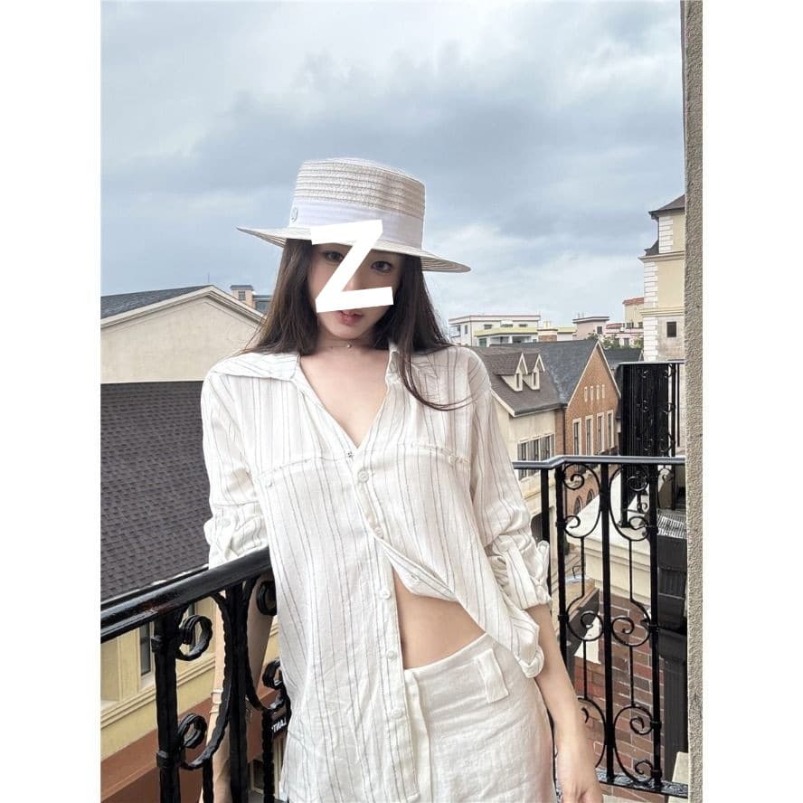 Loose striped polo collar long-sleeved fashion shirt women's summer casual chic shirt niche versatile vest top 5